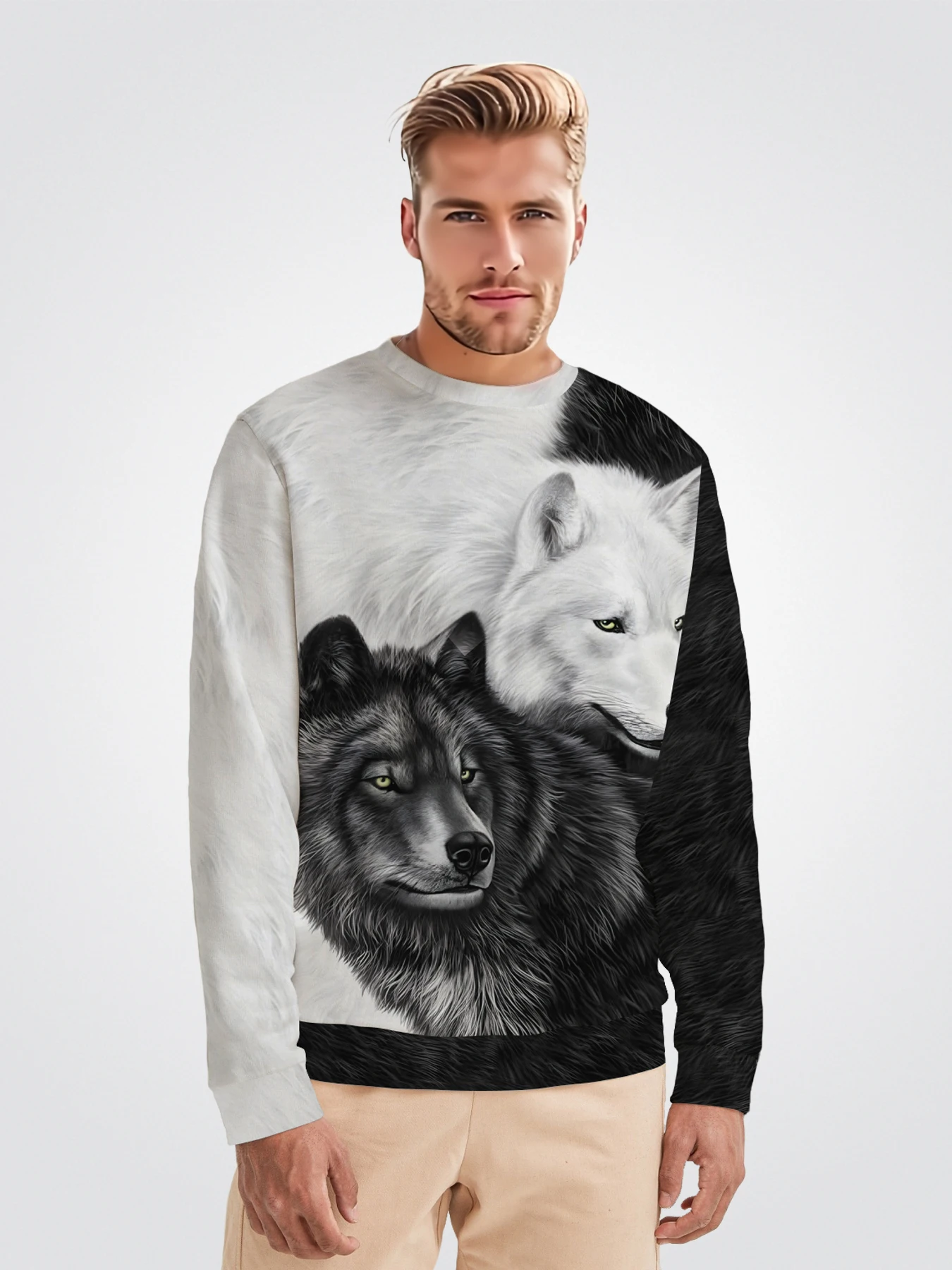 

Unisex Wolf 3D Graphic Print Men's Casual Round-neck Sweatshirts Pullover Most Popular Gift Black And White Pattern Animal Tops