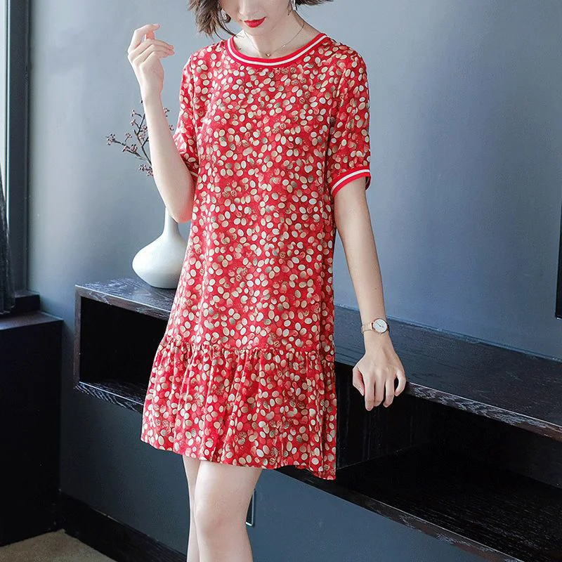 

Fashion O-Neck Printed Loose Chiffon Ruffles Folds Mini Dress Women Clothing 2023 Summer New Short Sleeve Casual Dresses