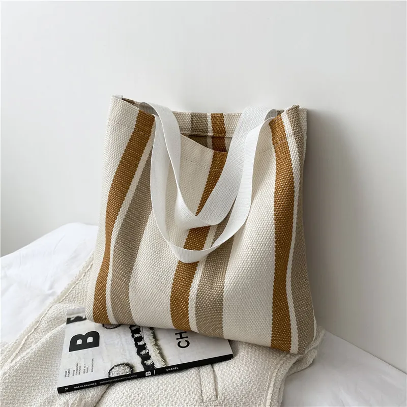 Simple Retro Handbag Small Fresh Striped Canvas Bags for Women 2022 Casual Literature and Art Large-capacity Shoulder Bag Female 