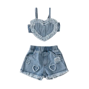 Pudcoco Infant Baby Girls 2-Piece Outfit Sleeveless Heart Camisole and Elastic Ripped Denim Shorts Summer Clothing 1