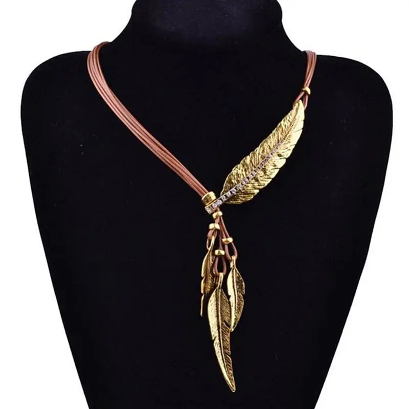 

Bohemian retro European and American style feather leaf inlaid diamond multi-layer tassel collar chain