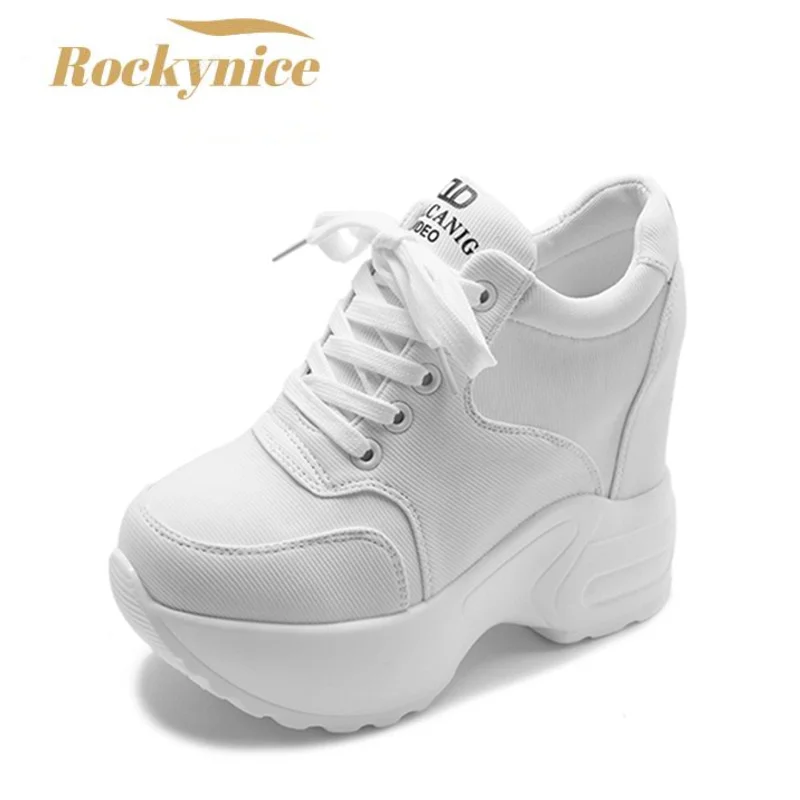 Women Platform Trainers Ankle Boots Autumn Mesh White Sneakers 10CM Heels Wedges Boots Breathable Height Increasing Woman platform boots ankle boots