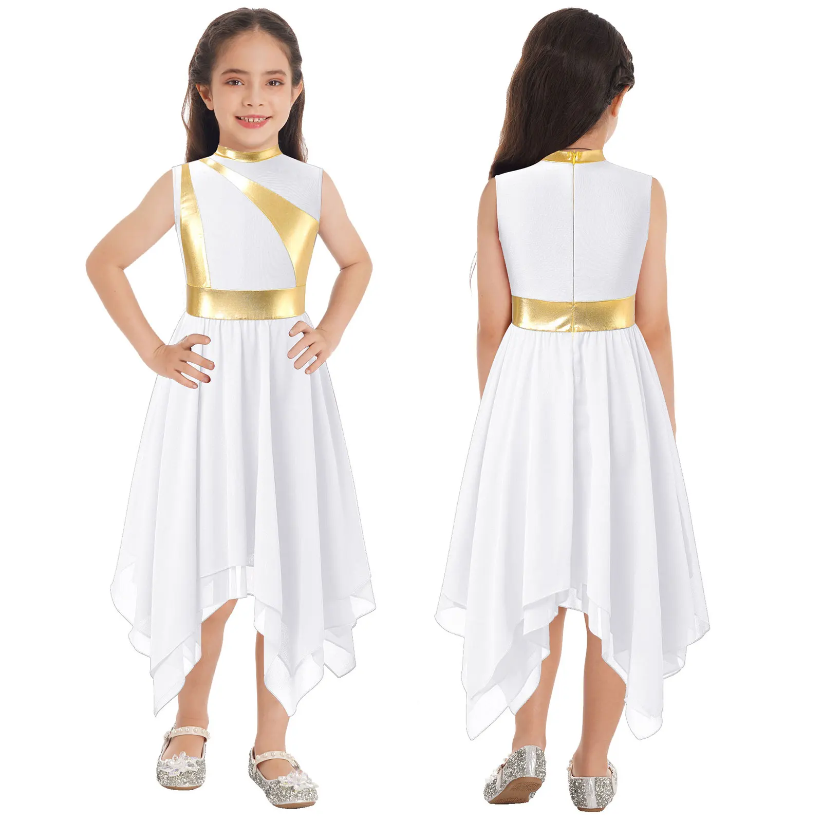 

Kids Girls Church Liturgical Gown Dress Praise Dance Dresses Metallic Patchwork Sleeveless Modern Lyrical Ballet Dance Costume