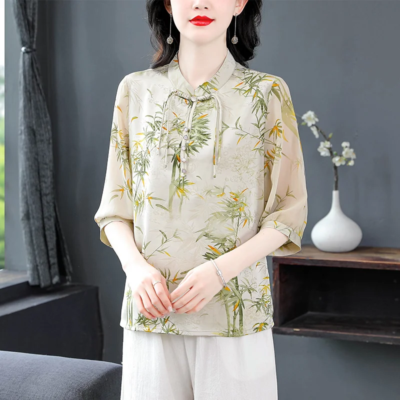 

Женский пуловер с воротником-стойкой, шифоновая Модная стильная рубашка с принтом в китайском национальном стиле на пуговицах, весна-лето 2024