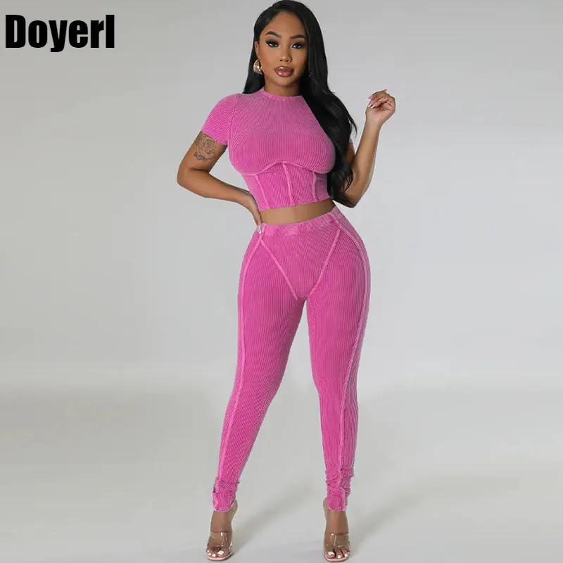 Knitted Ribbed Tracksuit Women Two Piece Set Summer Corset Crop Tops and Pants Sport Suit Casual Fitness Workout Sweatsuits
