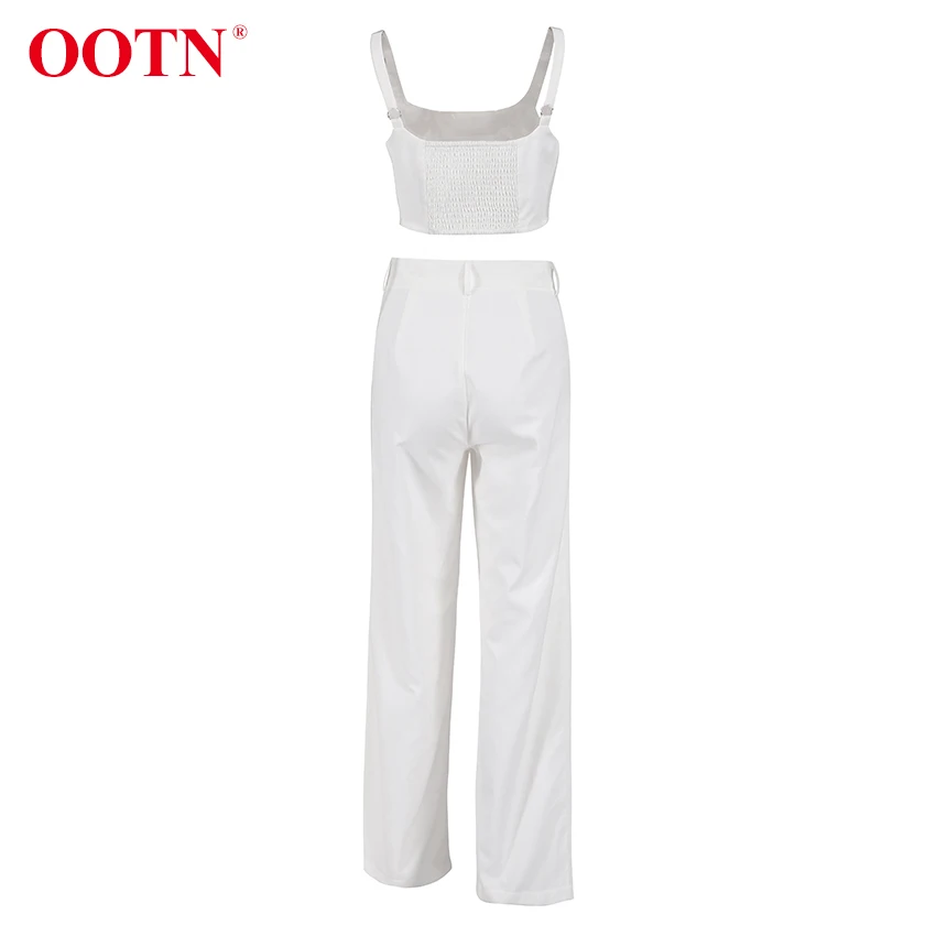 OOTN Street Cotton Linen 2 Peices Square Neck Tank Crop Top Casual Sets High Waist Wide Leg Pants Women Outfit Khaki Spring 2022 red pant suit