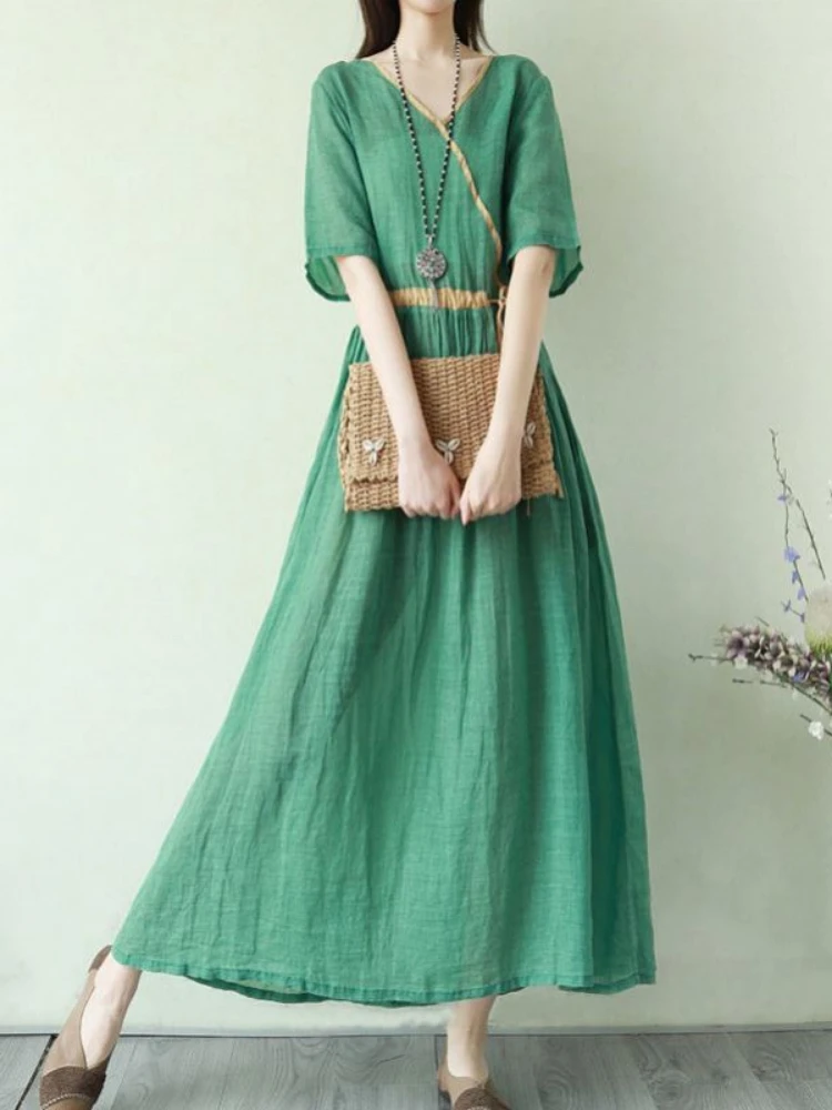

Платья в этническом стиле, однотонная длинная юбка из хлопка и льна с короткими рукавами, V-образным вырезом и поясом, летнее платье с широкой юбкой