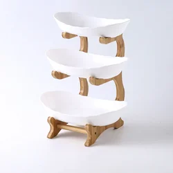 Three-Tier Wooden Tabletop Fruit and Snack Stand with Partitioned Plates (White 3 layer)