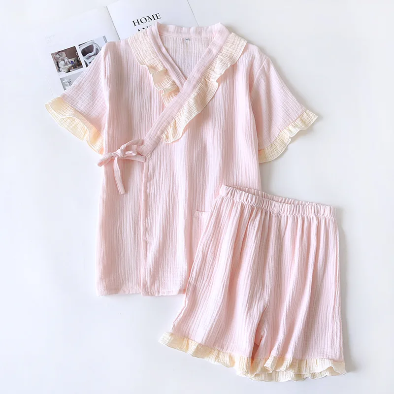 

2PCS Women Lace Ruffles Pajamas Sets Sexy V-Neck Polyester Pyjamas Suit M-XL Sleepwear Chinese Nightwear Casual Home Clothing