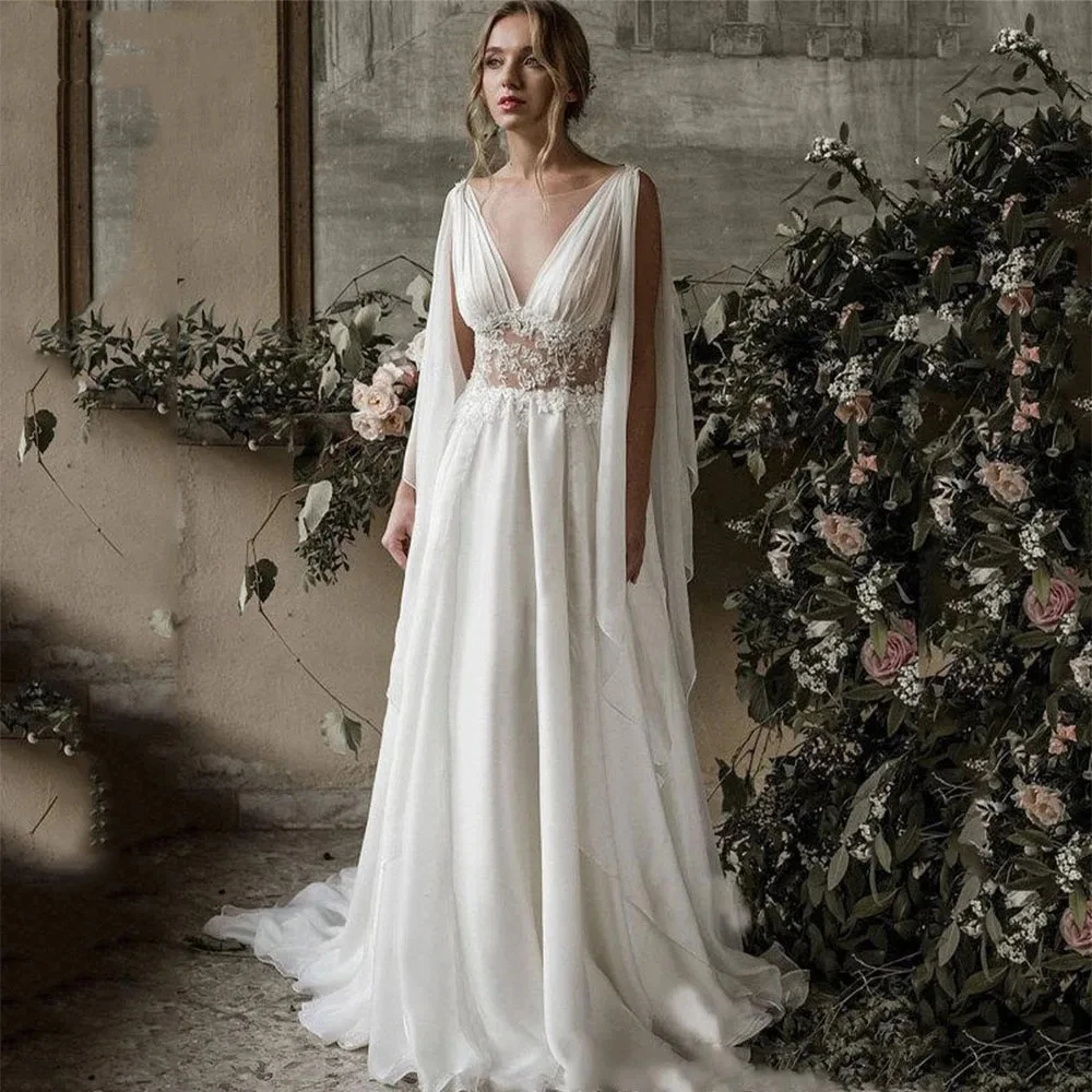 

Boho Appliques Chiffon Wedding Dresses Backless Draped A-Line Beach Party Bridal Gowns Vestidos Para Mujer Elegantes y bonitos