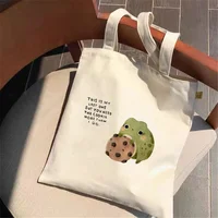 Frog Print Shopper Bag Women's Large Capacity Animal Cartoon Canvas Shoulder Bag New Fashion Shopping Bags