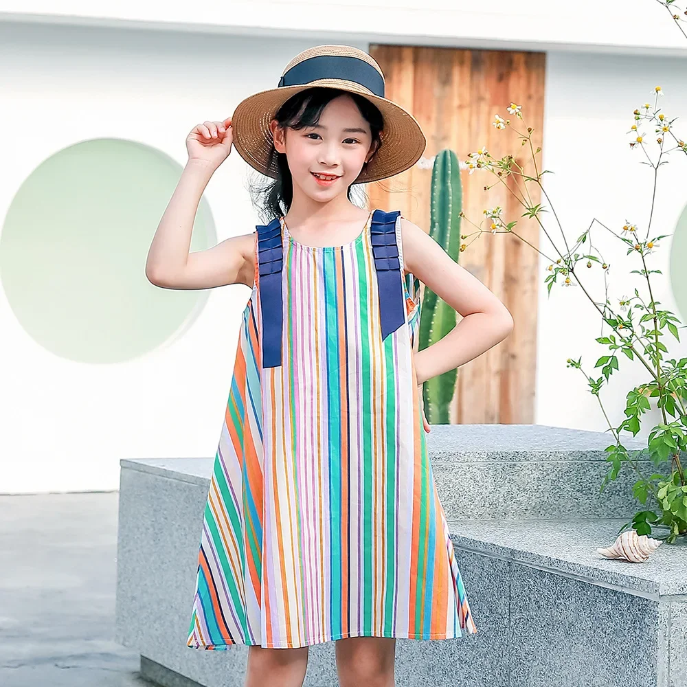 Children Summer Sleeveless Striped Beach Dress New Teen Girls Korean Style Princess Clothing Cotton Casual, #9441