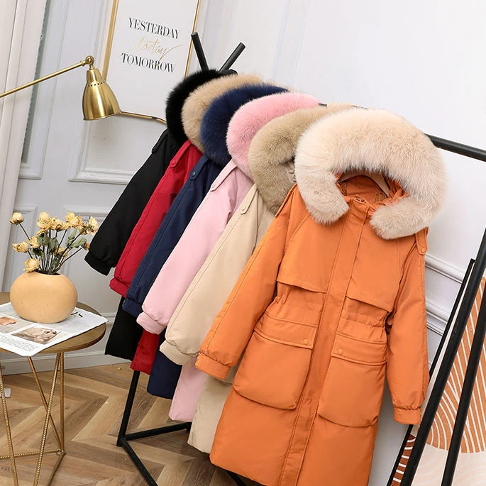 

Winter Hooded Large Real Fur Collar Feather Long Jacket Women Fashion Loose Down Coat Thick Snow Warm Outwear Chic Female L33