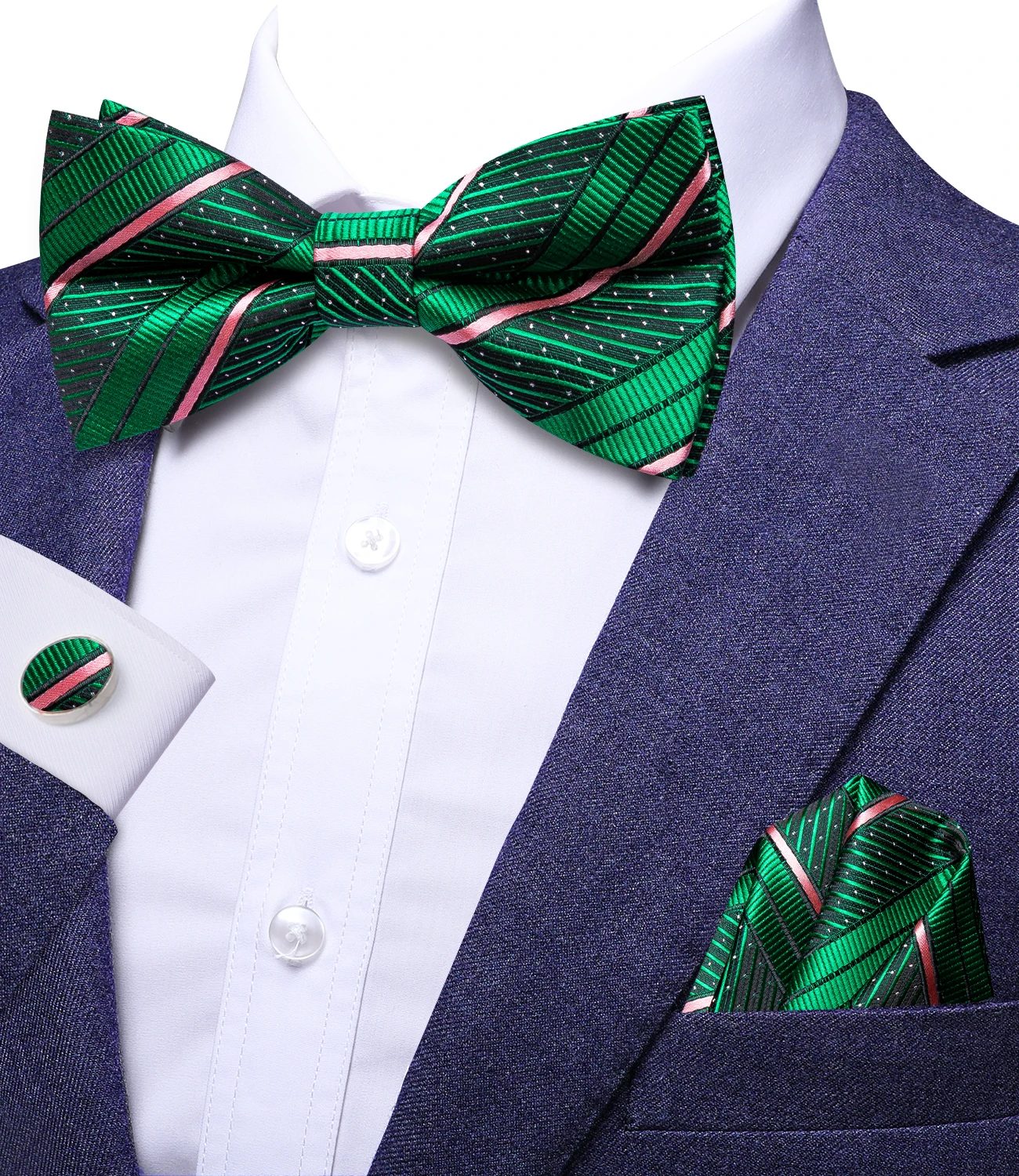 

Hi-Tie Jacquard Striped Green Butterfly Silk Men Bow Tie Hanky Cufflink Pretied Bowtie for Male Business Wedding Party Wholesale