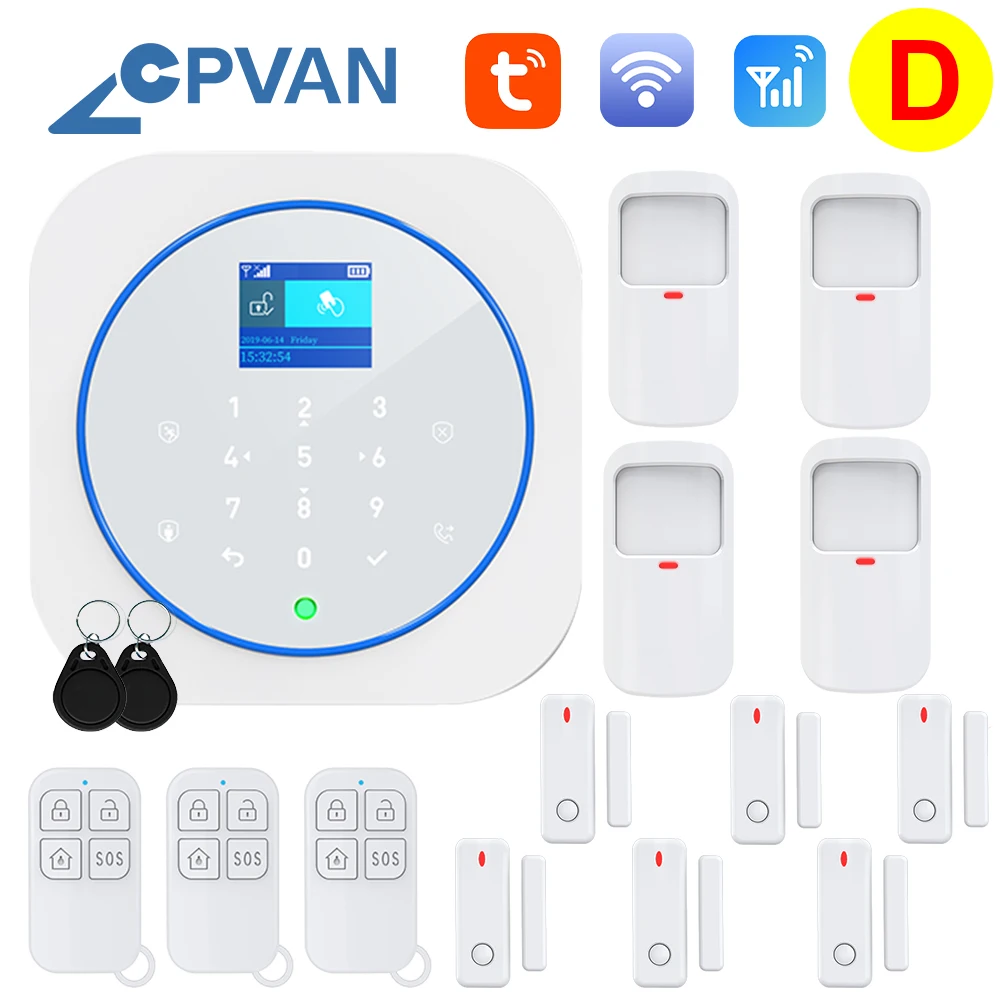 CPVAN Wireless Smart Home GSM Security Alarm System With PIR Motion Detector Door Sensor Alexa Compatible App Control emergency buzzer for elderly Alarms & Sensors