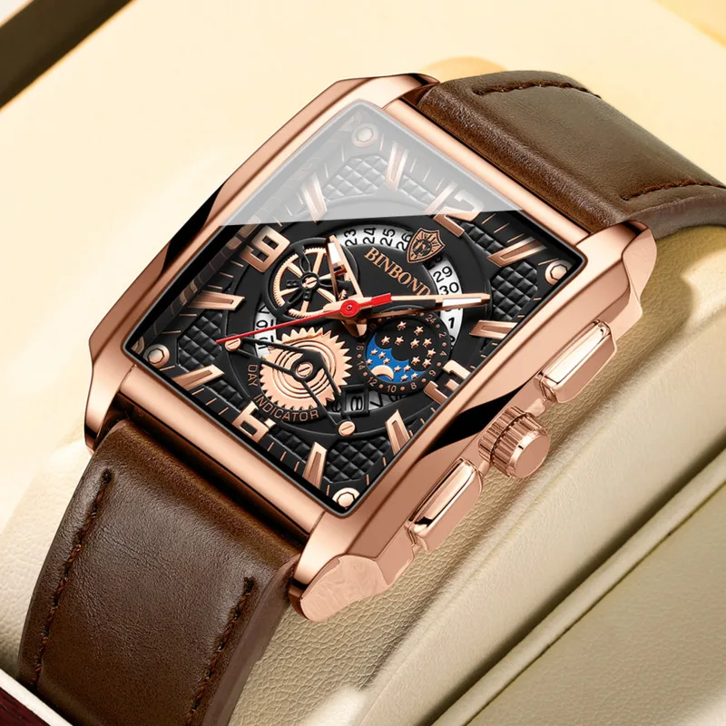 

BINBOND Creative Block Quartz Watches Men's Belt Waterproof Calendar Luminous Fashion High Business Leisure Quartz Watch For Men