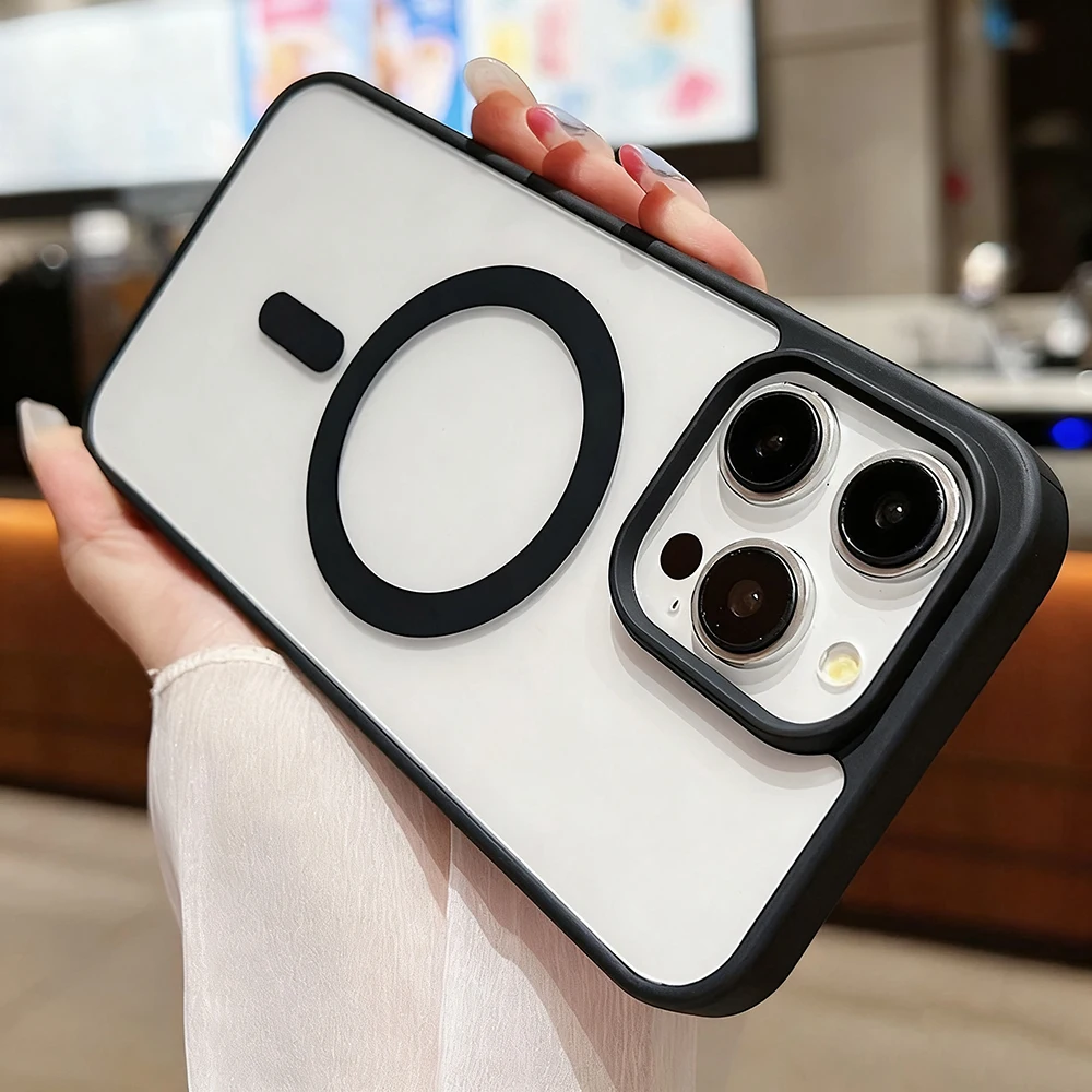 Sleek Black Transparent Magnetic Phone Case with Wireless Charging Capability