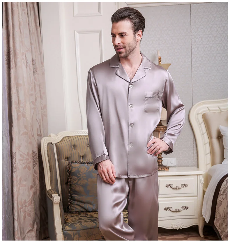 Genuine Silk Pajamas Male Spring Summer Long-Sleeve Pants Two-Piece Pyjama Sets 100% Silkworm Silk Men's Sleepwear mens pyjama tops