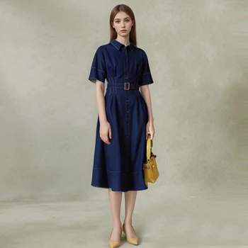 Women's Denim Dress Spring Summer Casual Belt Design Long Dresses Female 2025 Fashion Streetwear Sewing Thread Half Sleeve Dress