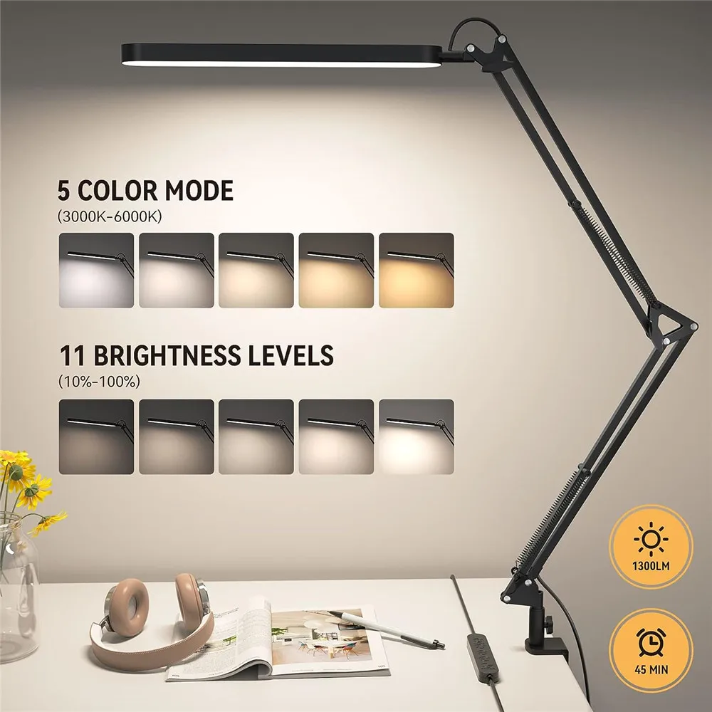 LED 책상 램프 스윙 암 책상 조명, 클램프 3 조명, 10 밝기, 시선을 돌리는 LED 독서 책상 램프, 홈 오피스 조명