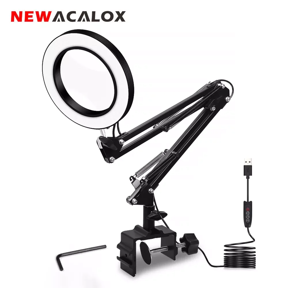 

NEWACALOX USB 5X Illuminated Magnifier 3 Color Desk Lamp Magnifying Glass Soldering Third Hand Tool Flexible Reading Loupe