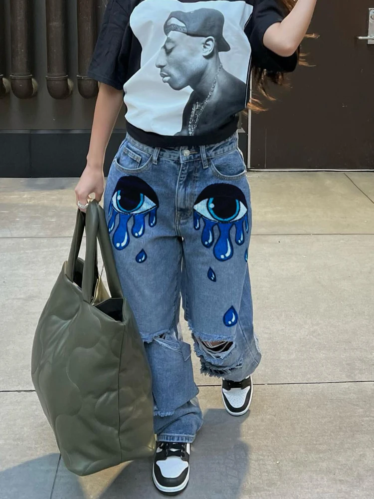 

WeiYao Eye Print Ripped Jeans High Waisted Long Denim Trousers y2k Streetwear Wide Leg Baggy Pants for Women 2023