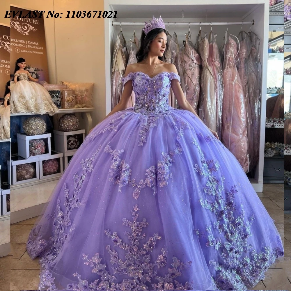 EVLAST Quinceanera Dress Ball Gown Sequins Lace Applique Beading Sweet 16