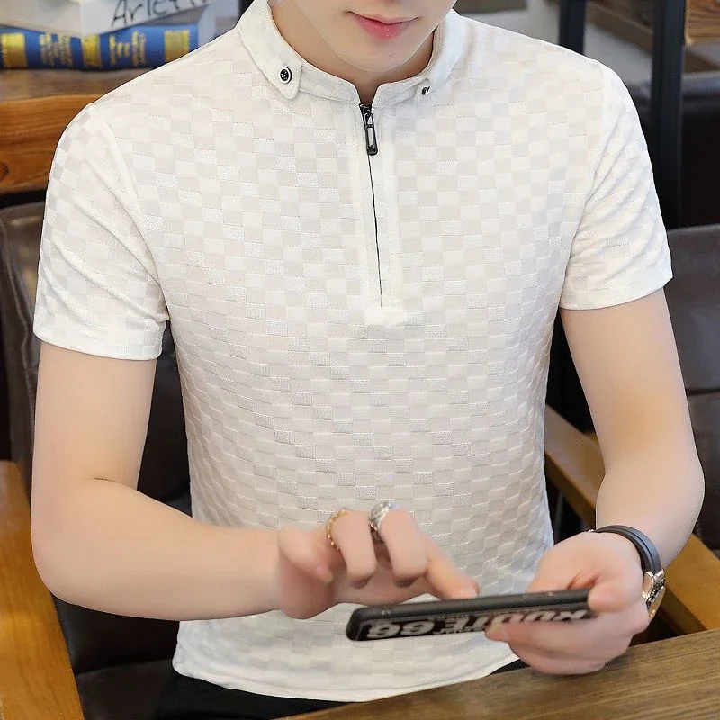 

Male Polo T Shirts Plaid Top Yellow Clothing Zipper with Collar Tee Shirt for Men Heather Streetwear Ordinary Stylish Original S