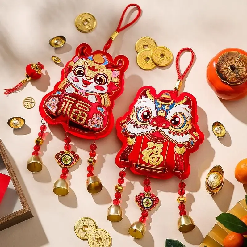 Chinese New Year Pendants Sequined Lucky Bag 2024 Chinese Dragon Year Fu Character Hanging Ornament Spring Festival Wall Decor