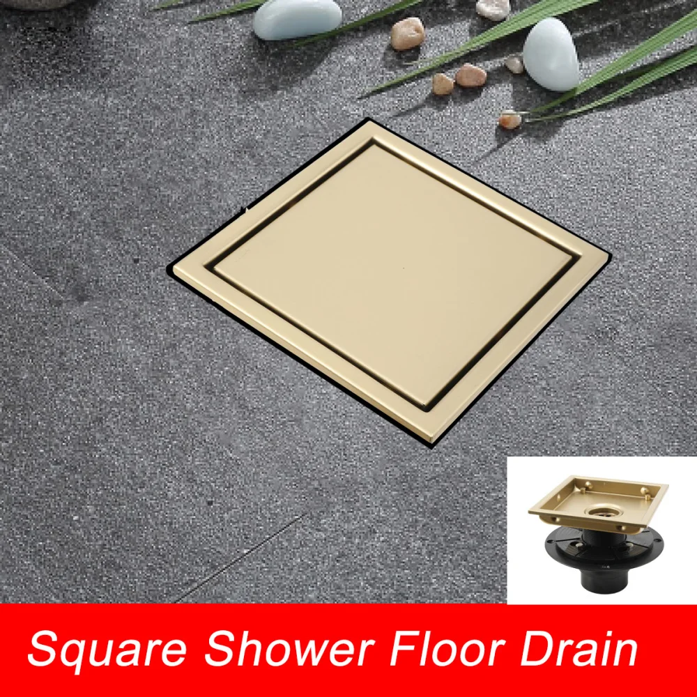 Square Shower Drain Tile Insert Anti Odor Stainless Steel Floor Drain Kit With Removable Grate Cover Hair Strainer Black Gold