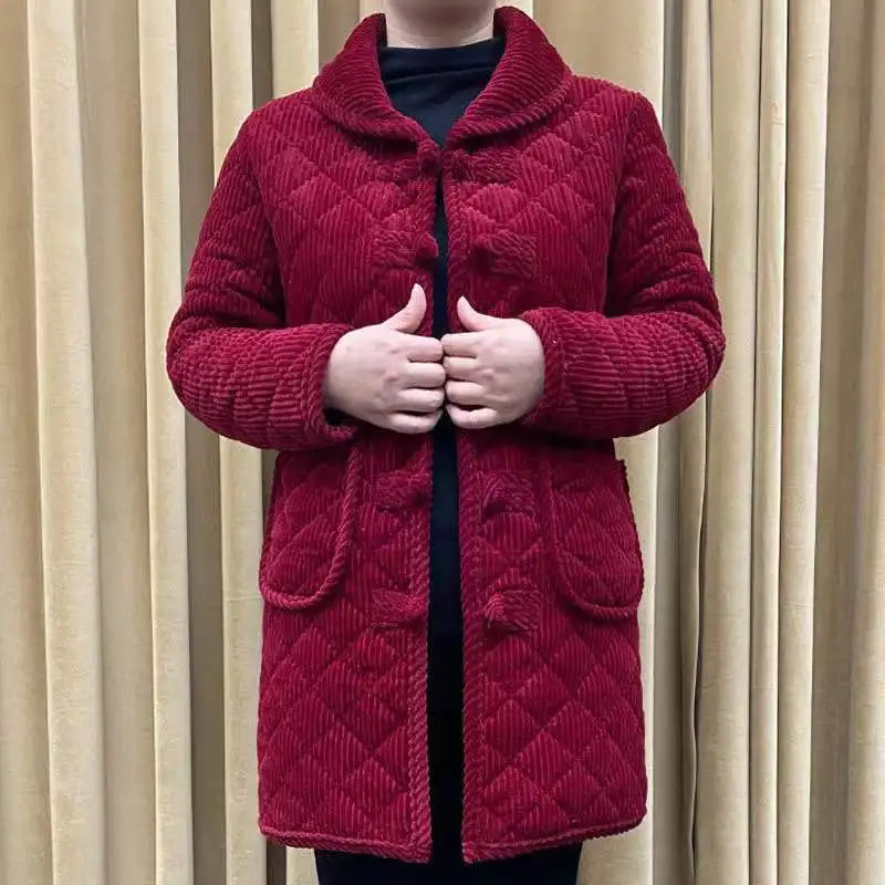 

Winter New Solid Color Fashion Long Sleeve Parkas Women High Street Button Mid-length Plus Velvet Warm Outwear Chinese Style Top