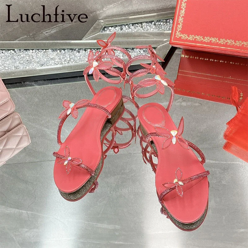 

2023 Summer New Leather Crystal Butterfly Decoration Sandals For Women Slip On Peep Toe Mules Casual Wedding Party Shoes Mujer