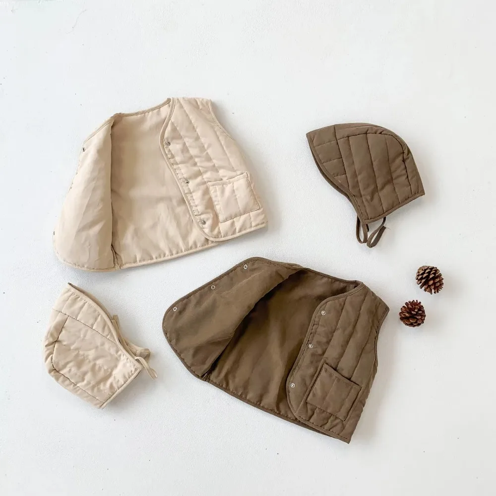 Fashion Autumn Winter Baby Vest Solid color with Hat Kids Waistcoat Unisex Thickened Outerwear for Girls Boys