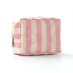 Chic Striped Mini Makeup Bag with Zipper - Stylish Cosmetic Pouch (Pink Beige)