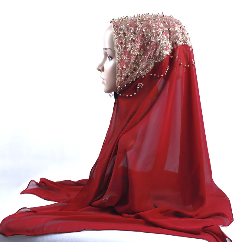 Luxury Women Beaded Chiffon Scarf Muslim Islamic Party Hijab Head Wraps Shawls Arab Headband Turban Stole 72*170cm 5