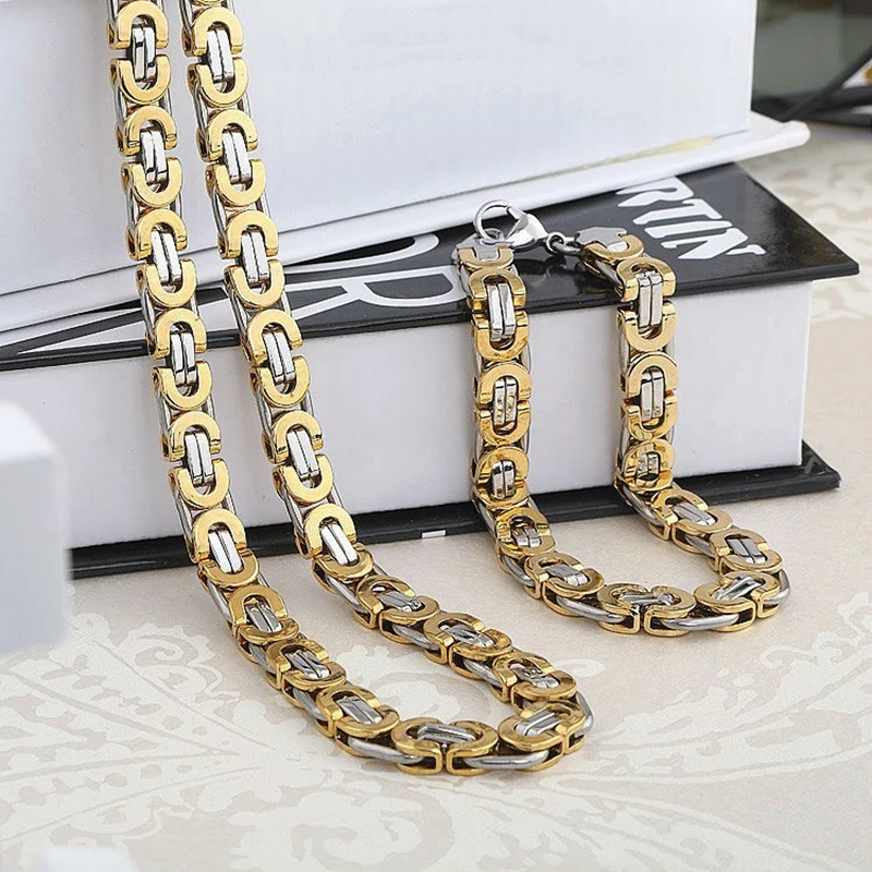 8mm Set Jewelry High Quality Polished Necklace Bracelet for Men Women Flat Byzantine Chain Stainless Steel Set Jewelry