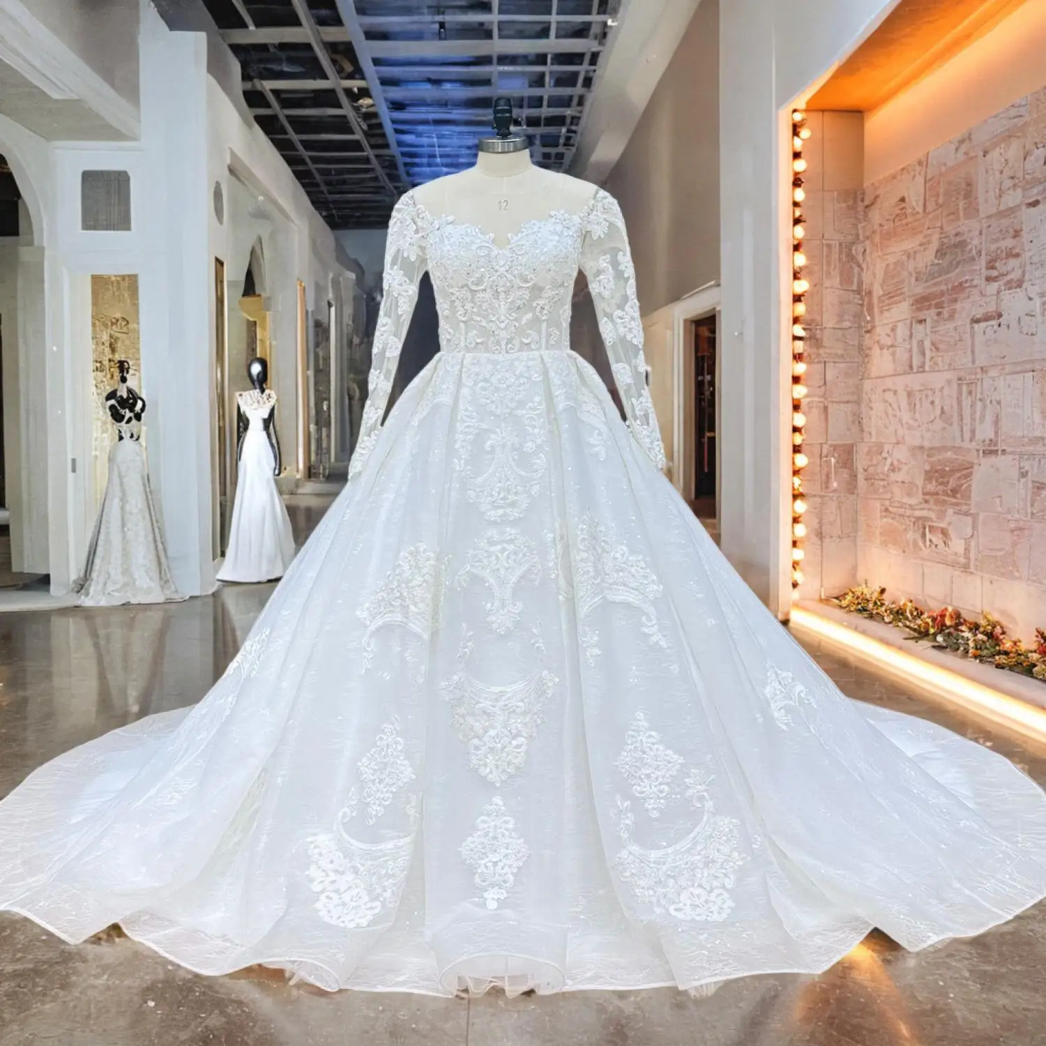chinese dress ladies Long Sleeve Illusion Neckline Lace Ball Gown Wedding Dress White / Custom Size / 50cm