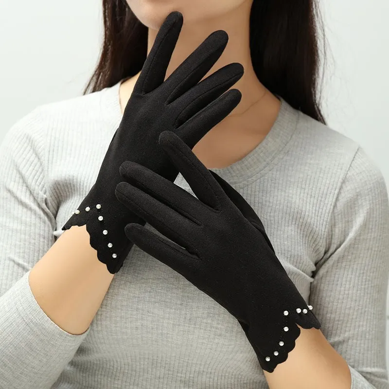 Women Thin Elegant Pearl Gloves Winter Autumn Keep Warm Touch Screen Glove Fashion Decorate Gloves Without Velvet Not Bloated