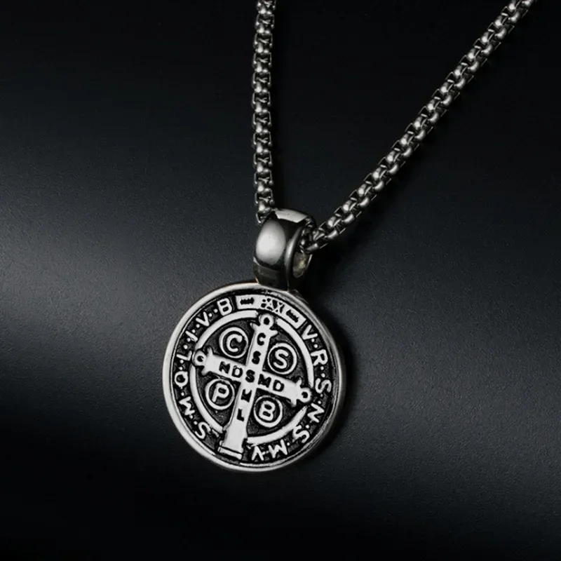 Vintage St Benedict Exorcism Women Men Necklace Round Pendant Stainless Steel 24Inch Chain Catholic Roman Cross Demon Necklaces 4