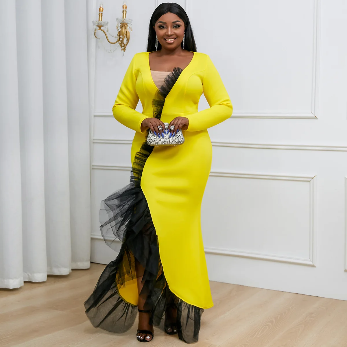 

Long Sleeve V Neck Tulle Patchwork Ruffles Maxi Dress Women Evening Party Elegant High Waist Package Hip Bodycon Mermaid Dress