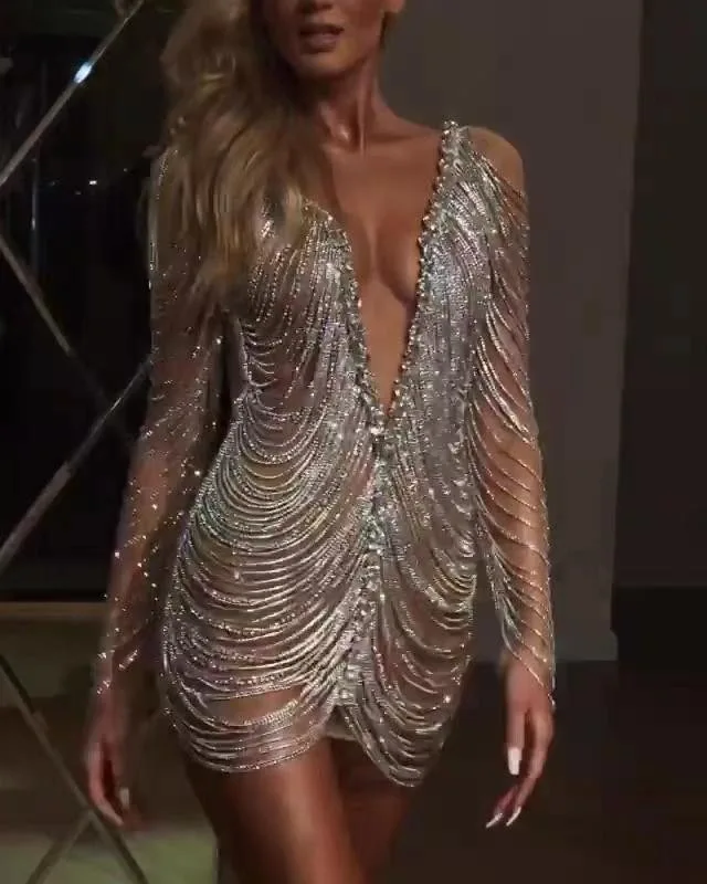 

Mesh Rhinestones Tassel Sexy Mini Dress Diamond Chain Body Chains Elegant Evening Party Costume Club Night Bodysuit Body Jewelry