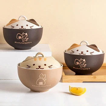 550ml Cartoon Cat ciotola per spaghetti istantanei in ceramica con coperchio Underglaze Color Soup insalatiera Kitchen Office Student Lunch Box 1 pz 1