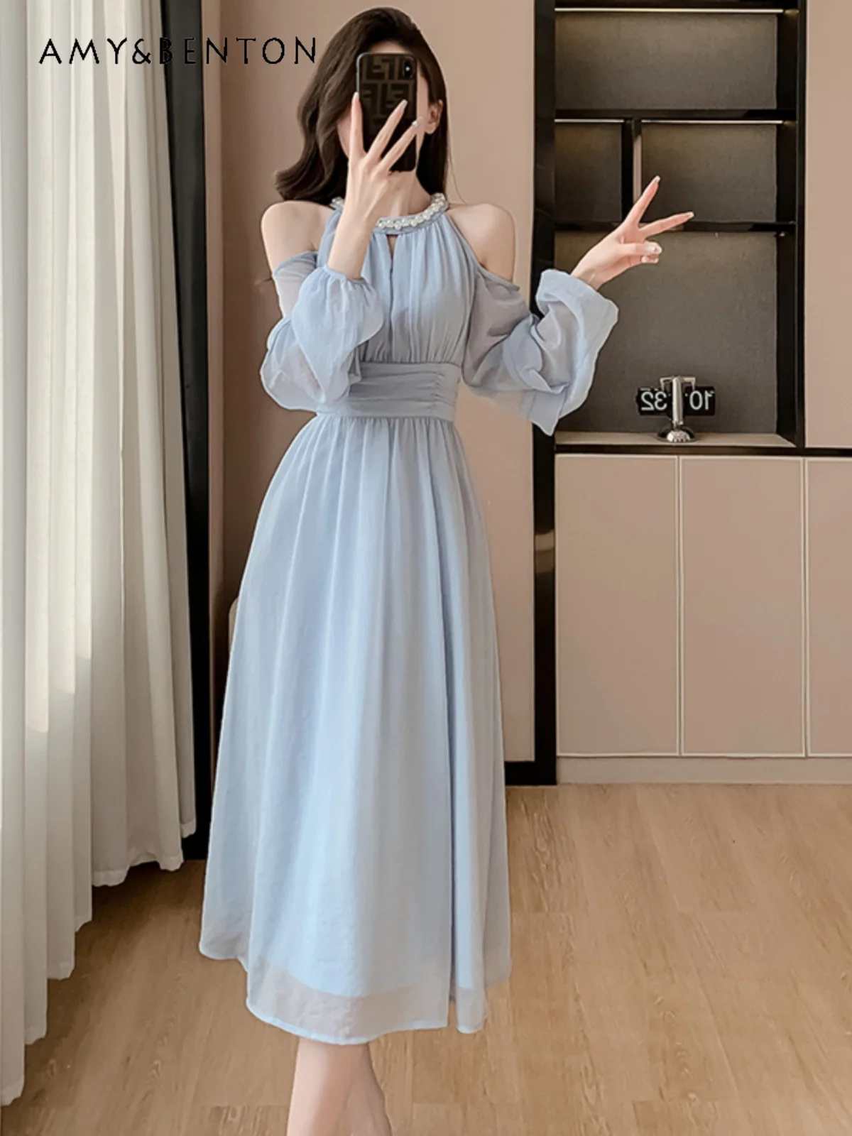 

French Style Graceful Sexy Off-Shoulder Lantern Sleeve Blue Dress for Women Spring New Elegant Gentle Chiffon Mid-calf Dresses