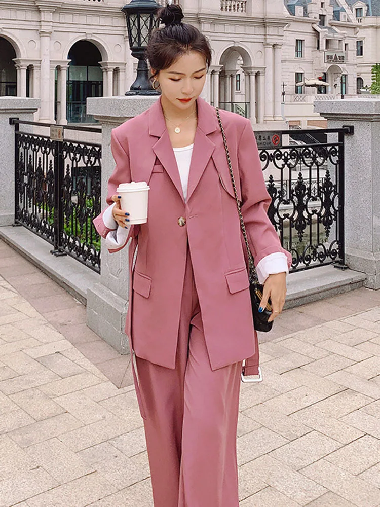 LANMREM Two Pieces Sets for Women 2022 Spring Female Solid Color Single Button Adjusted Waist Top Loose Wide Leg Pants Set2J1340 elegant pant suits