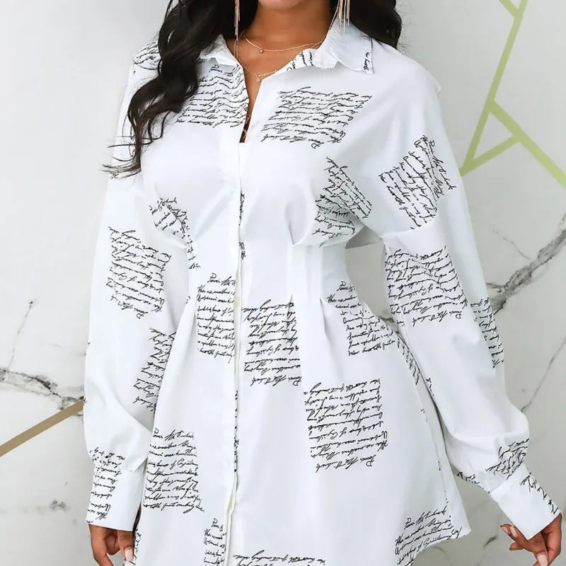 

2024 Spring Summer New Women's Lapel Lantern Sleeve Letter Print Shirt Dress Single Breasted