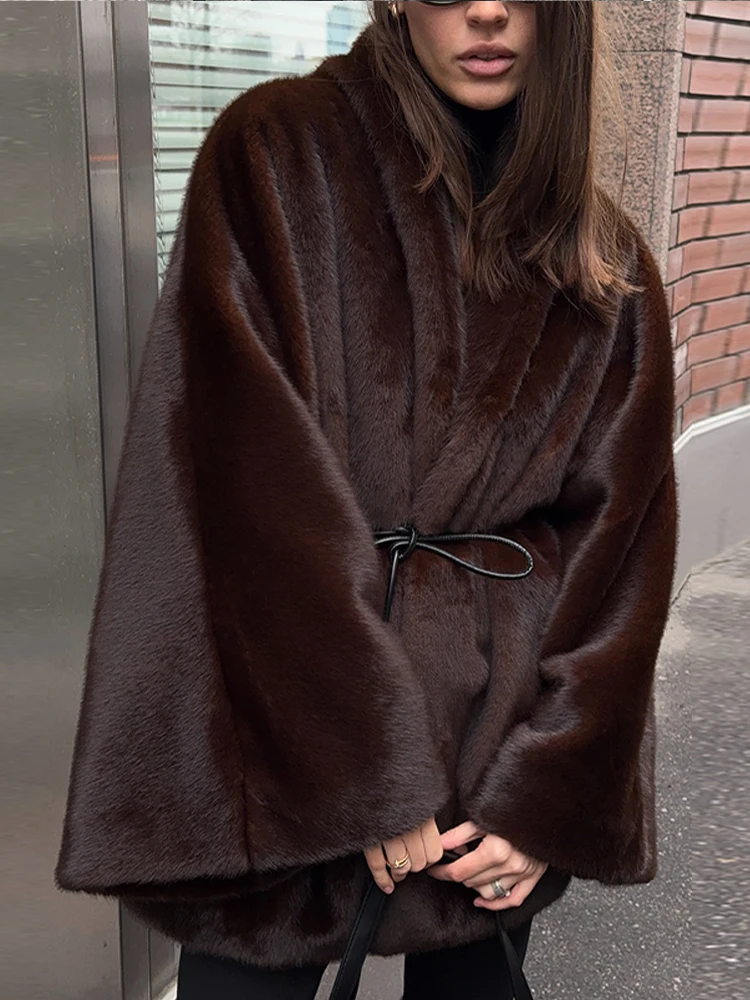 Women's Elegant Faux Fur Coat Fashion Oversized Long Sleeve Warm Belt Waist Jacket Lady 2026 Spring New Chic Street Outerwear - 5