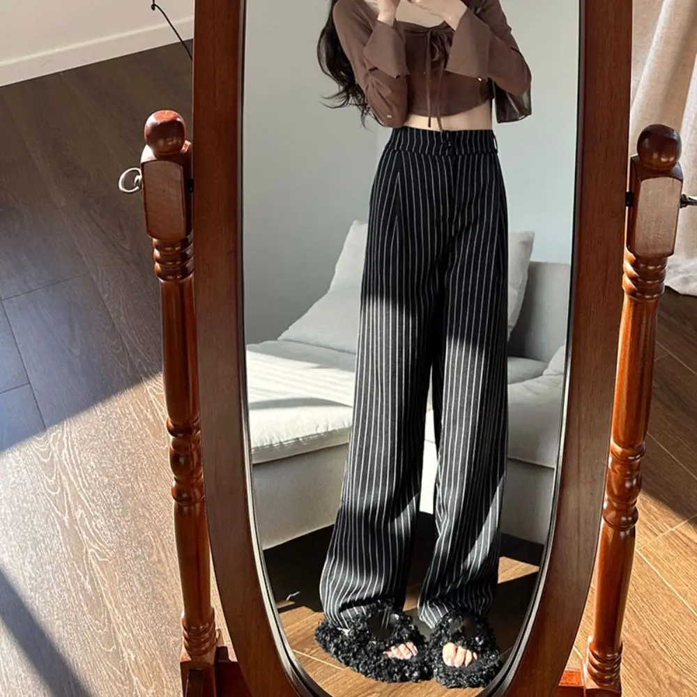 Loose Stripe Straight Leg Pants High Waist Autumn Casual Pants Women Workout Trousers Drape Feeling Striped Suit Pants Female