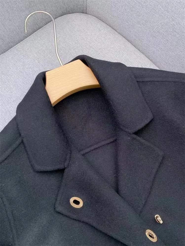 

Fall Winter New MAJ Fashion Black Double-sided Woolen Coat Women Chic Gold Buckle Design Temperament Lace-up Jacket Top Ladies