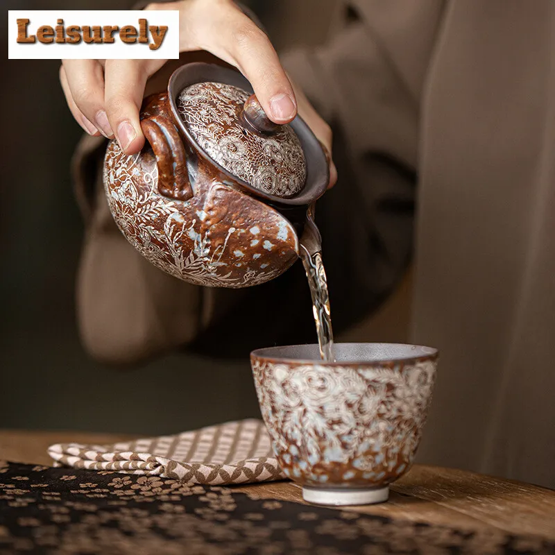 190ml Retro Flower Gilded Silver Hand Grasping Pot Old Rock Mud Treasure Bottle Pot Coarse Pottery Filter Kettle Kung Fu Teaset