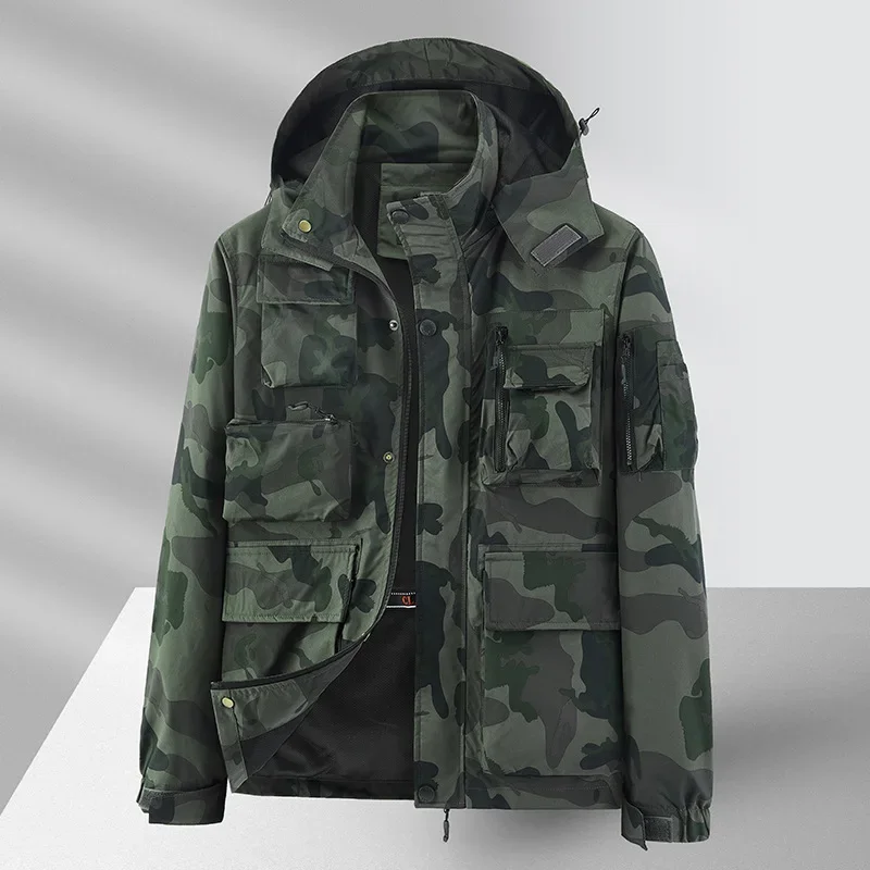 Cortavientos de camuflaje para hombre, Abrigo con capucha para acampar, chaqueta táctica impermeable a prueba de viento para exteriores, montañismo, Moda de Primavera